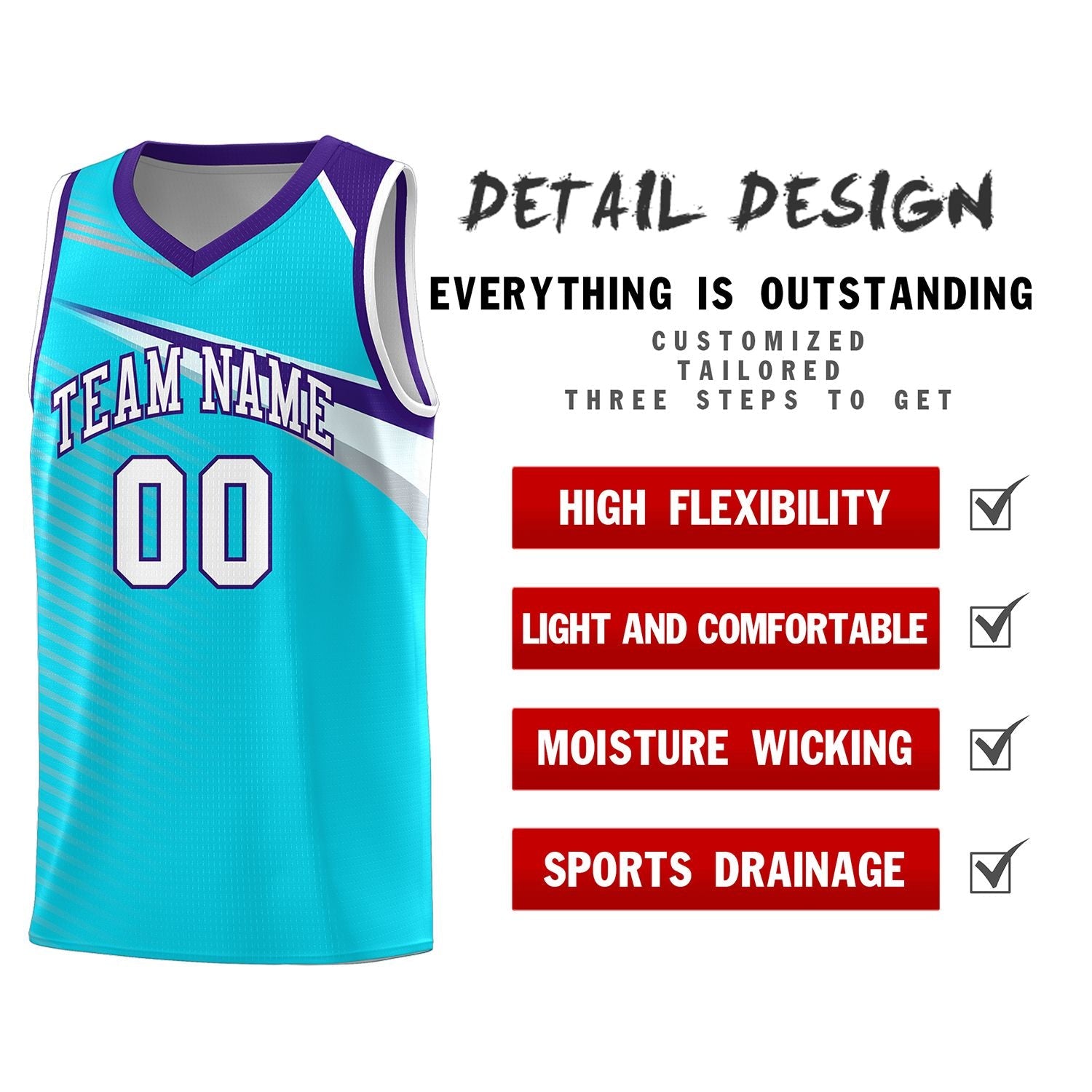 Custom Light Blue White Chest Color Block Sports Uniform Basketball Jersey