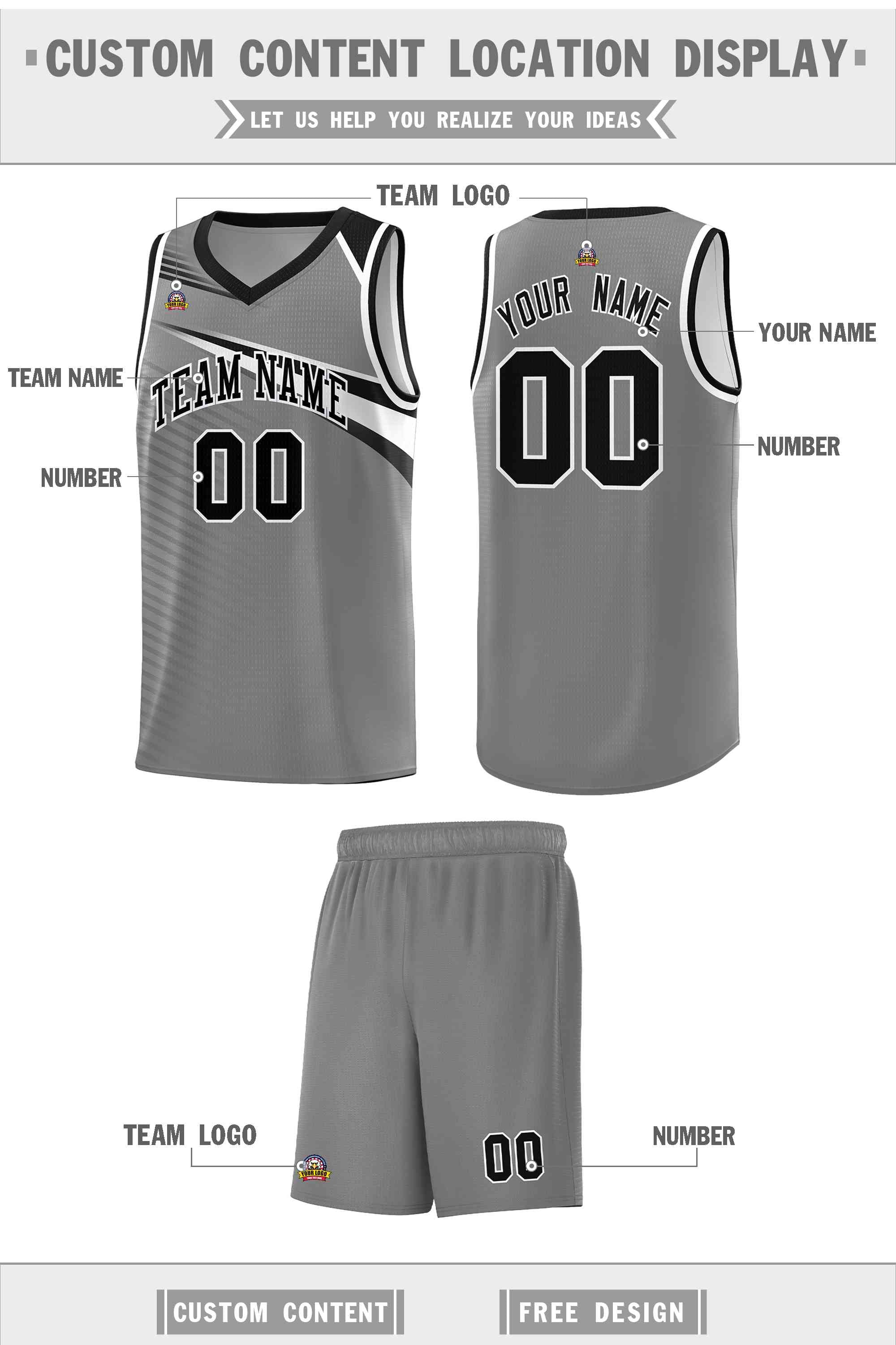 Custom Dark Gray Black-White Chest Color Block Sports Uniform Basketball Jersey