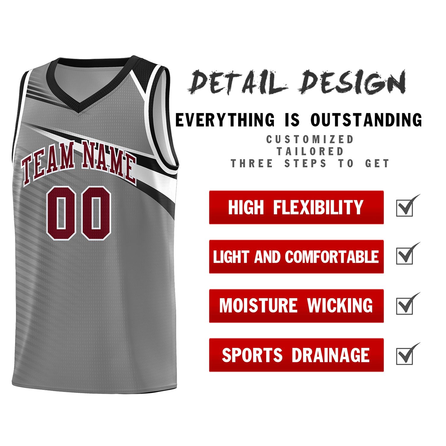 Custom Dark Gray Crimson-White Chest Color Block Sports Uniform Basketball Jersey