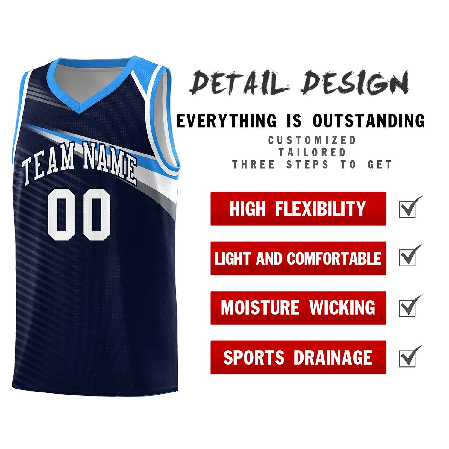 Custom Navy White Chest Color Block Sports Uniform Basketball Jersey