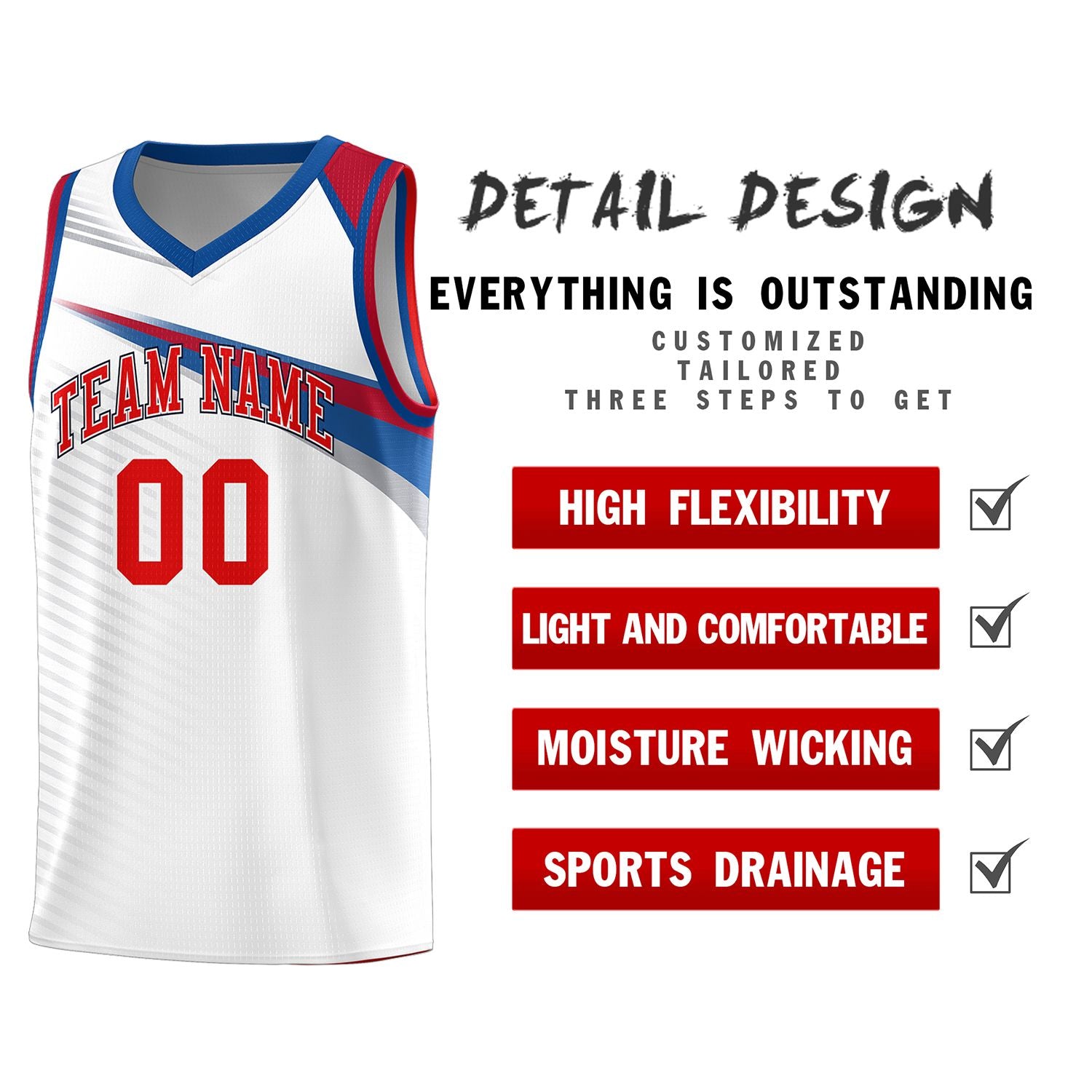 Custom White Red Chest Color Block Sports Uniform Basketball Jersey