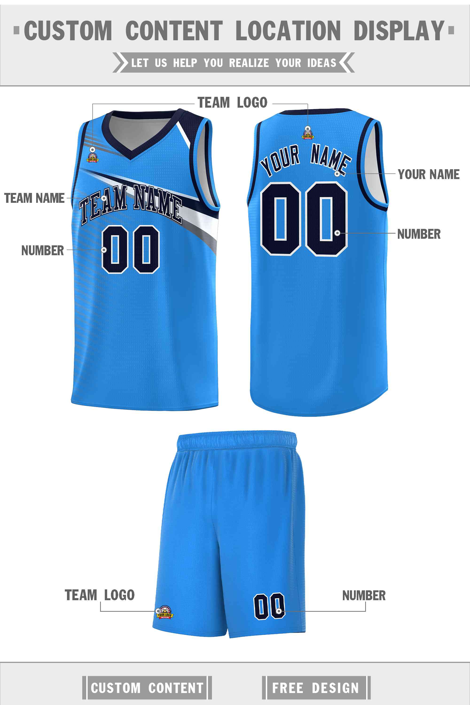 Custom Powder Blue Navy-White Chest Color Block Sports Uniform Basketball Jersey