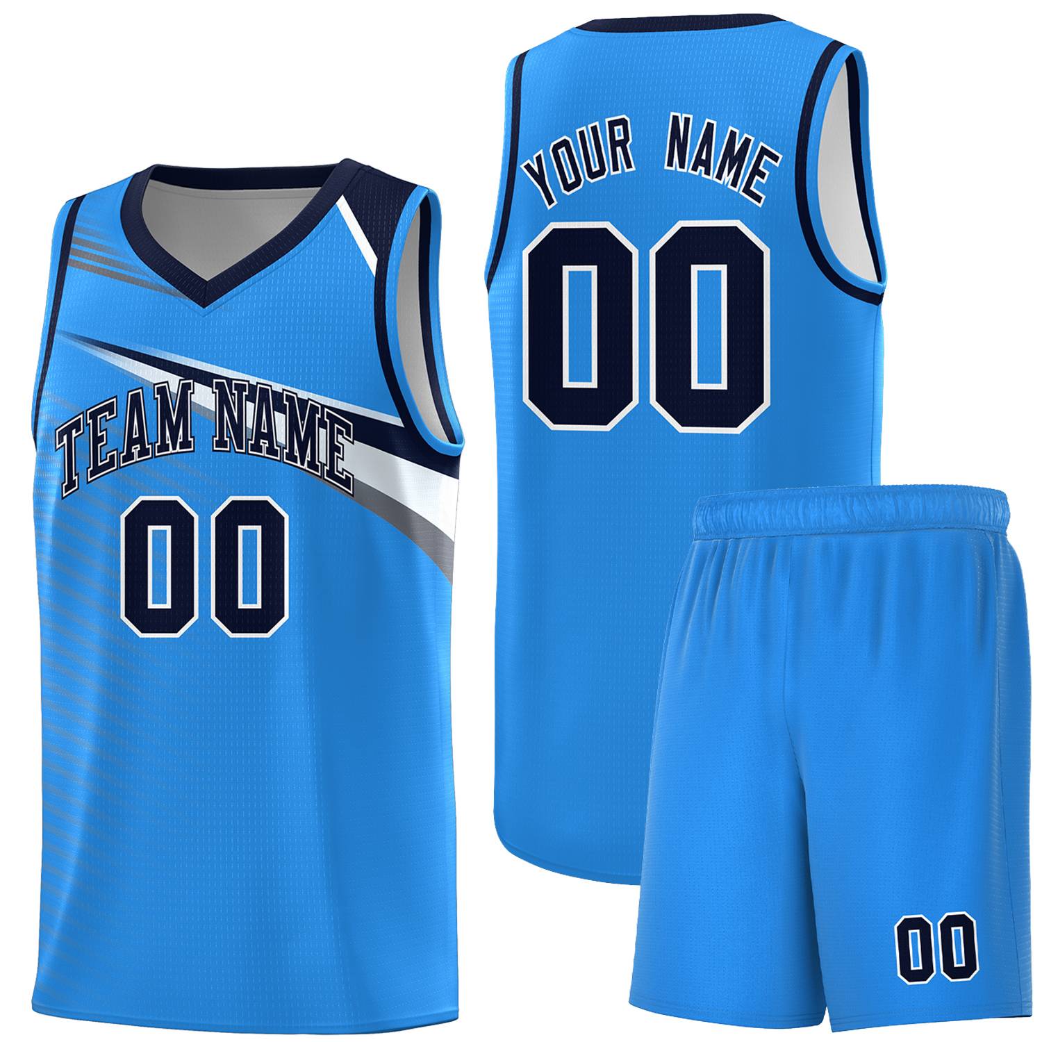 Custom Powder Blue Navy-White Chest Color Block Sports Uniform Basketball Jersey