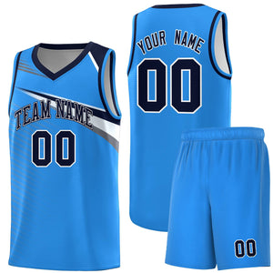 Custom Powder Blue Navy-White Chest Color Block Sports Uniform Basketball Jersey