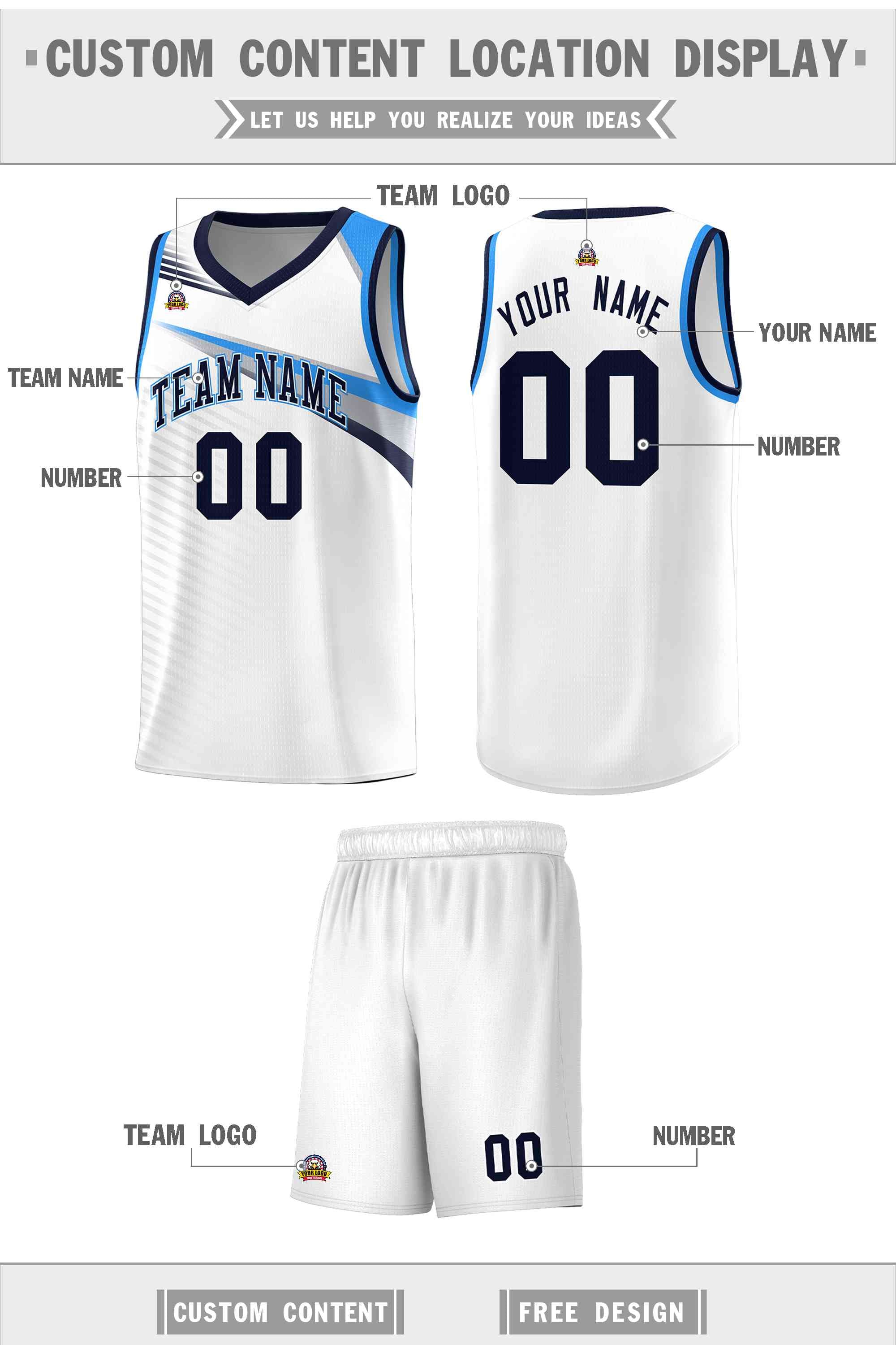 Custom White Navy Chest Color Block Sports Uniform Basketball Jersey