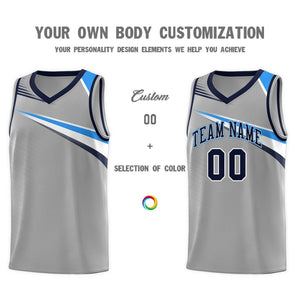 Custom Gray Navy-White Chest Color Block Sports Uniform Basketball Jersey