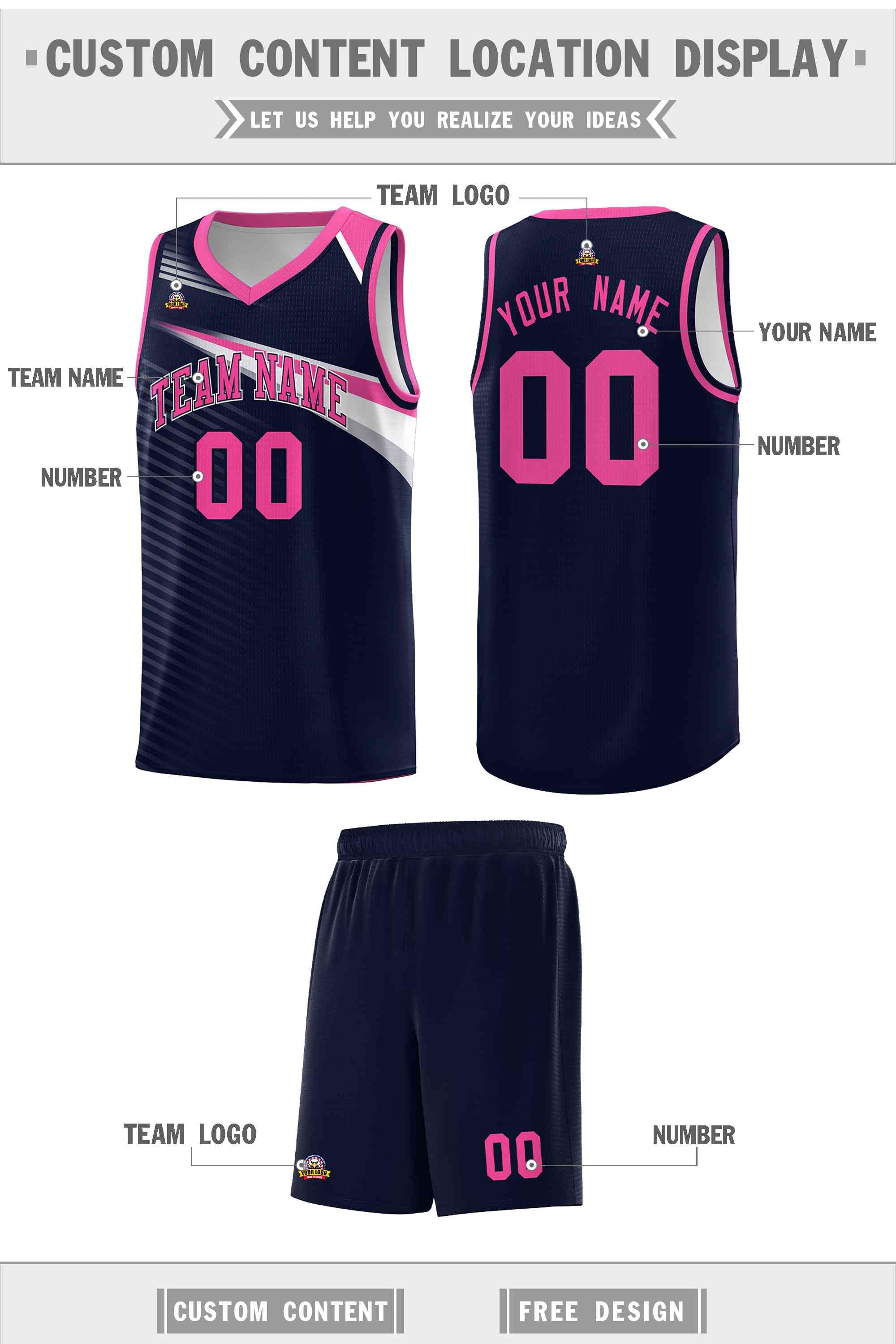 Custom Navy Pink-White Chest Color Block Sports Uniform Basketball Jersey