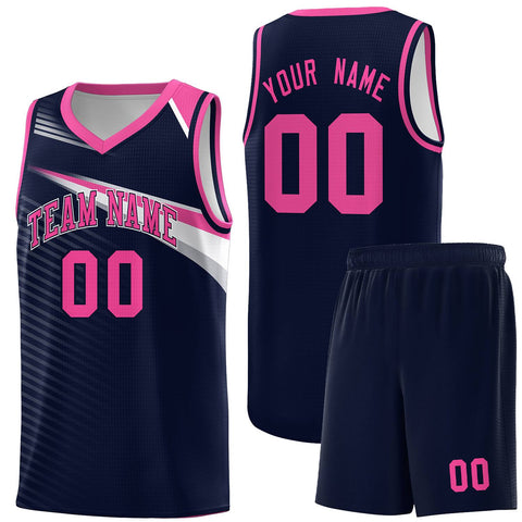 Custom Navy Pink-White Chest Color Block Sports Uniform Basketball Jersey