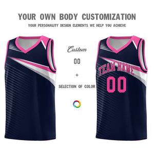 Custom Navy Pink-White Chest Color Block Sports Uniform Basketball Jersey