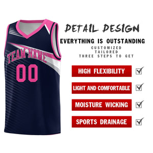 Custom Navy Pink-White Chest Color Block Sports Uniform Basketball Jersey