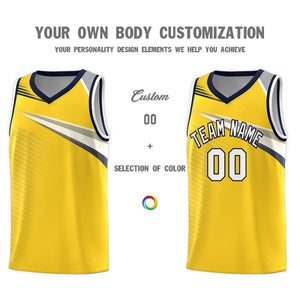 Custom Gold White-Navy Chest Color Block Sports Uniform Basketball Jersey