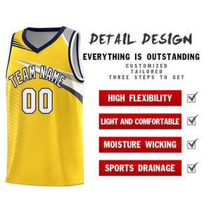 Custom Gold White-Navy Chest Color Block Sports Uniform Basketball Jersey