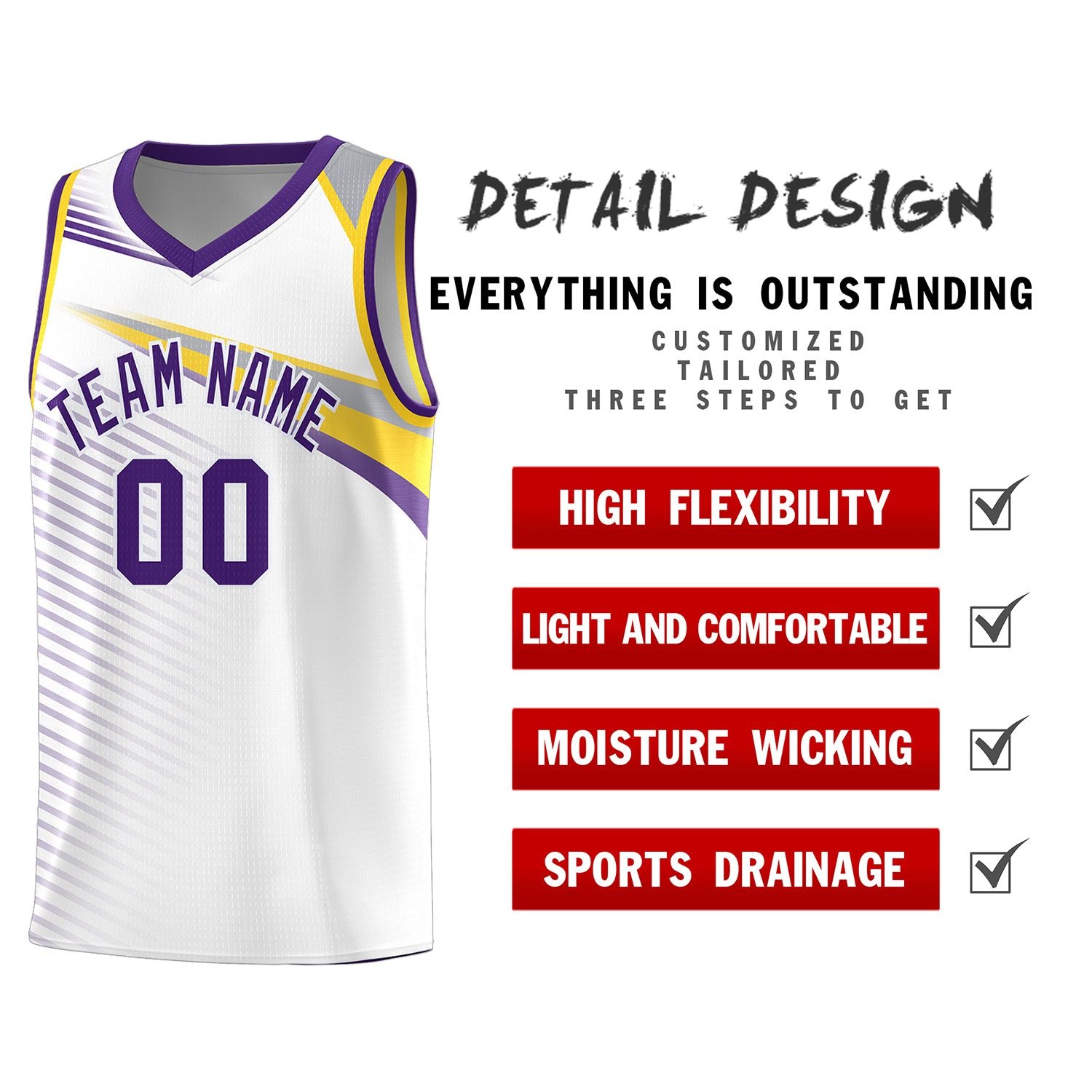 Custom White Purple Chest Color Block Sports Uniform Basketball Jersey