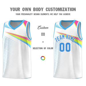 Custom White Powder Blue Chest Color Block Sports Uniform Basketball Jersey