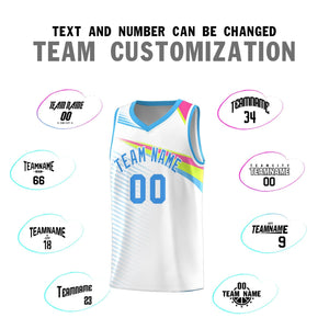 Custom White Powder Blue Chest Color Block Sports Uniform Basketball Jersey