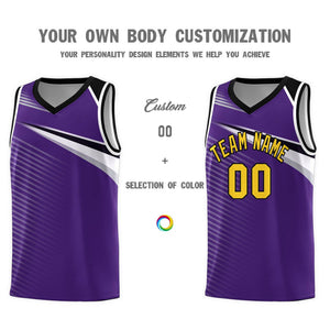 Custom Purple Gold-Black Chest Color Block Sports Uniform Basketball Jersey