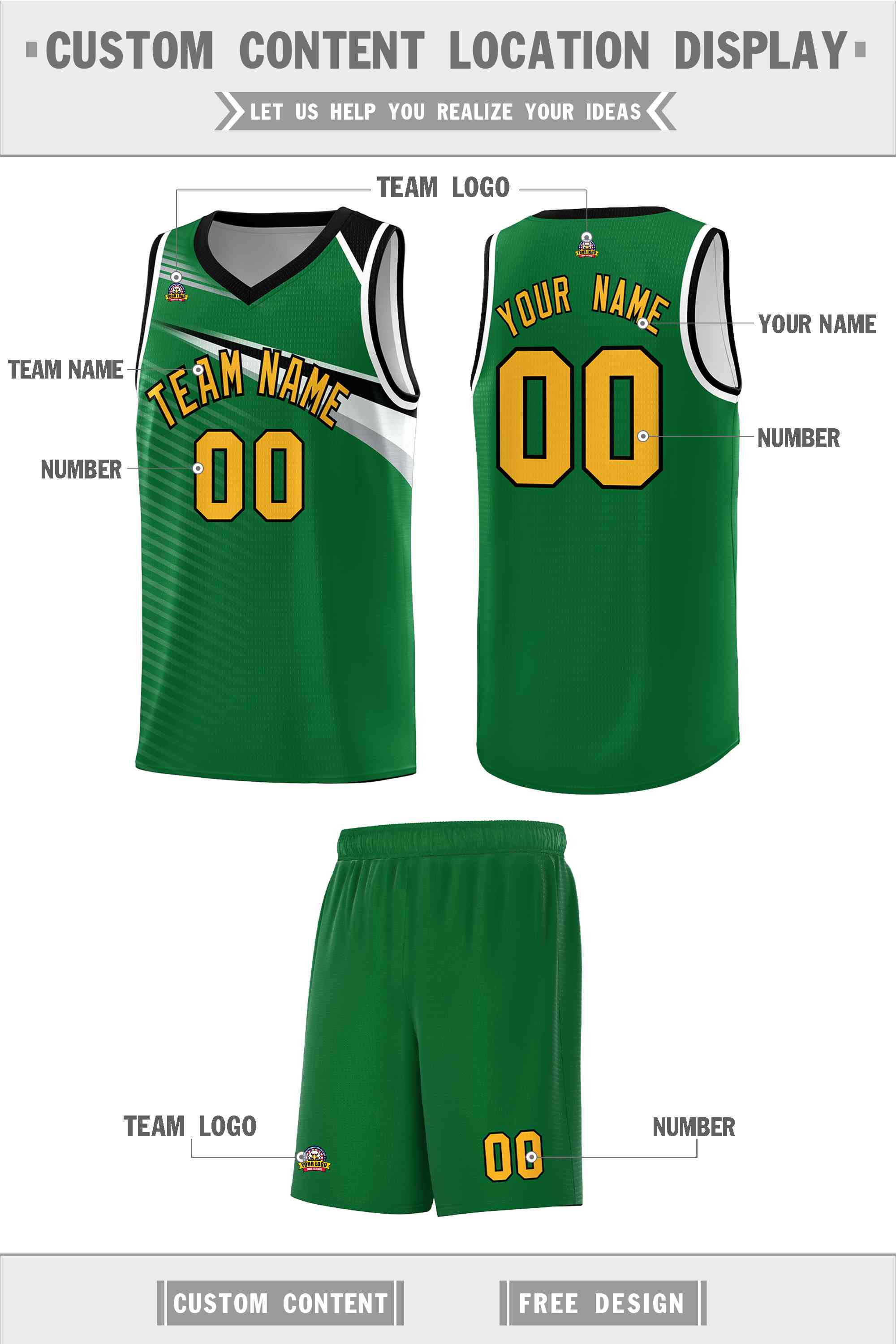 Custom Kelly Green Gold-Black Chest Color Block Sports Uniform Basketball Jersey