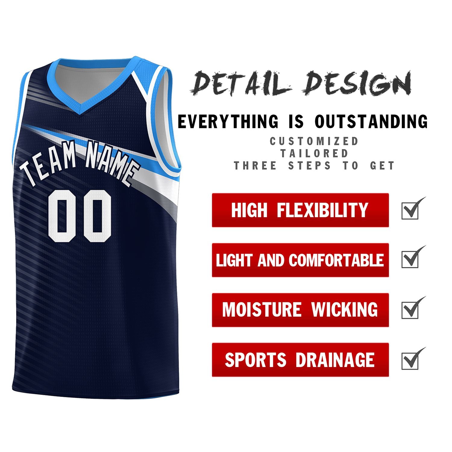 Custom Navy White Chest Color Block Sports Uniform Basketball Jersey