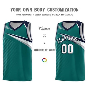 Custom Aqua White-Navy Chest Color Block Sports Uniform Basketball Jersey