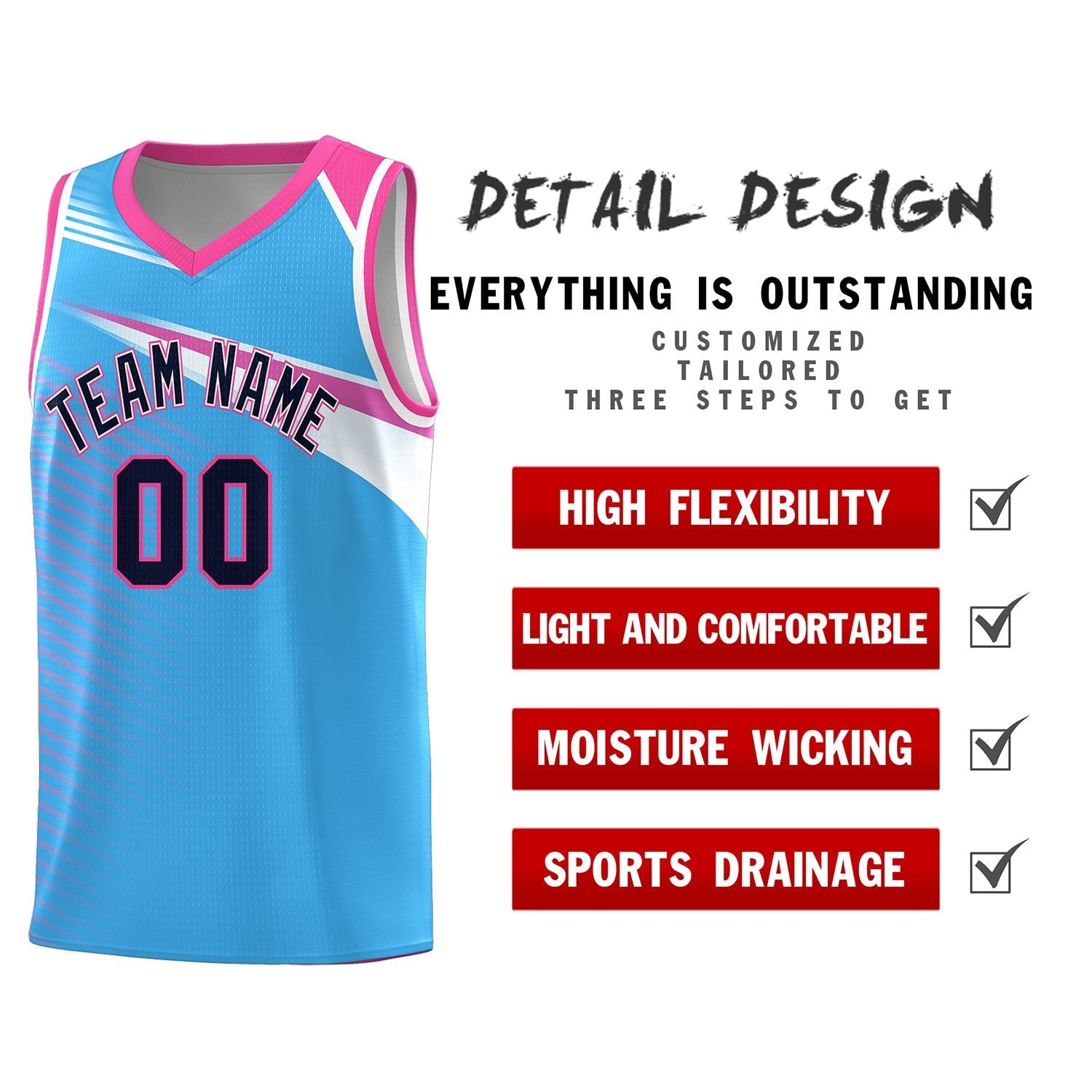 Custom Powder Blue Navy-White Chest Color Block Sports Uniform Basketball Jersey