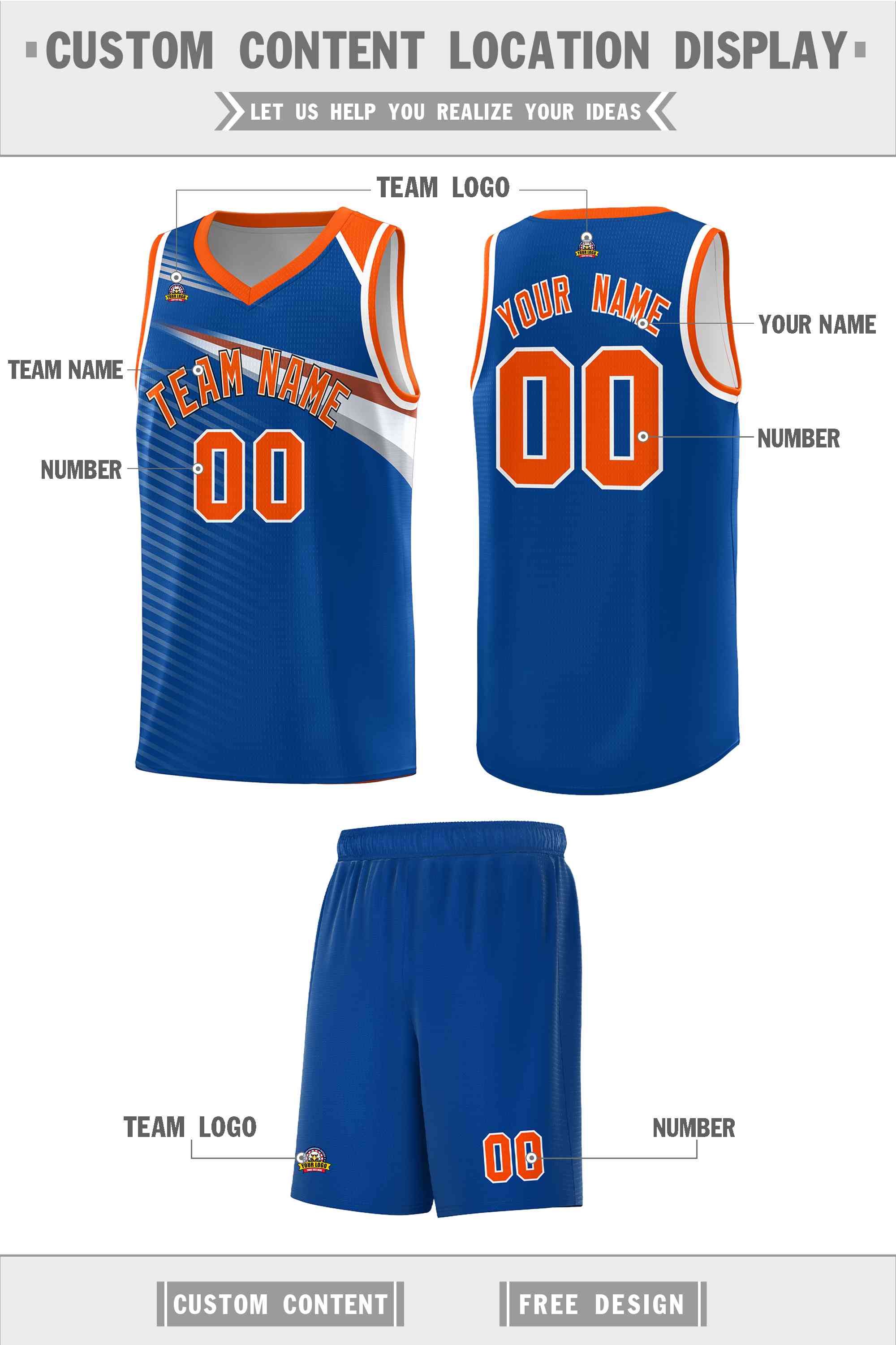 Custom Royal Orange-White Chest Color Block Sports Uniform Basketball Jersey