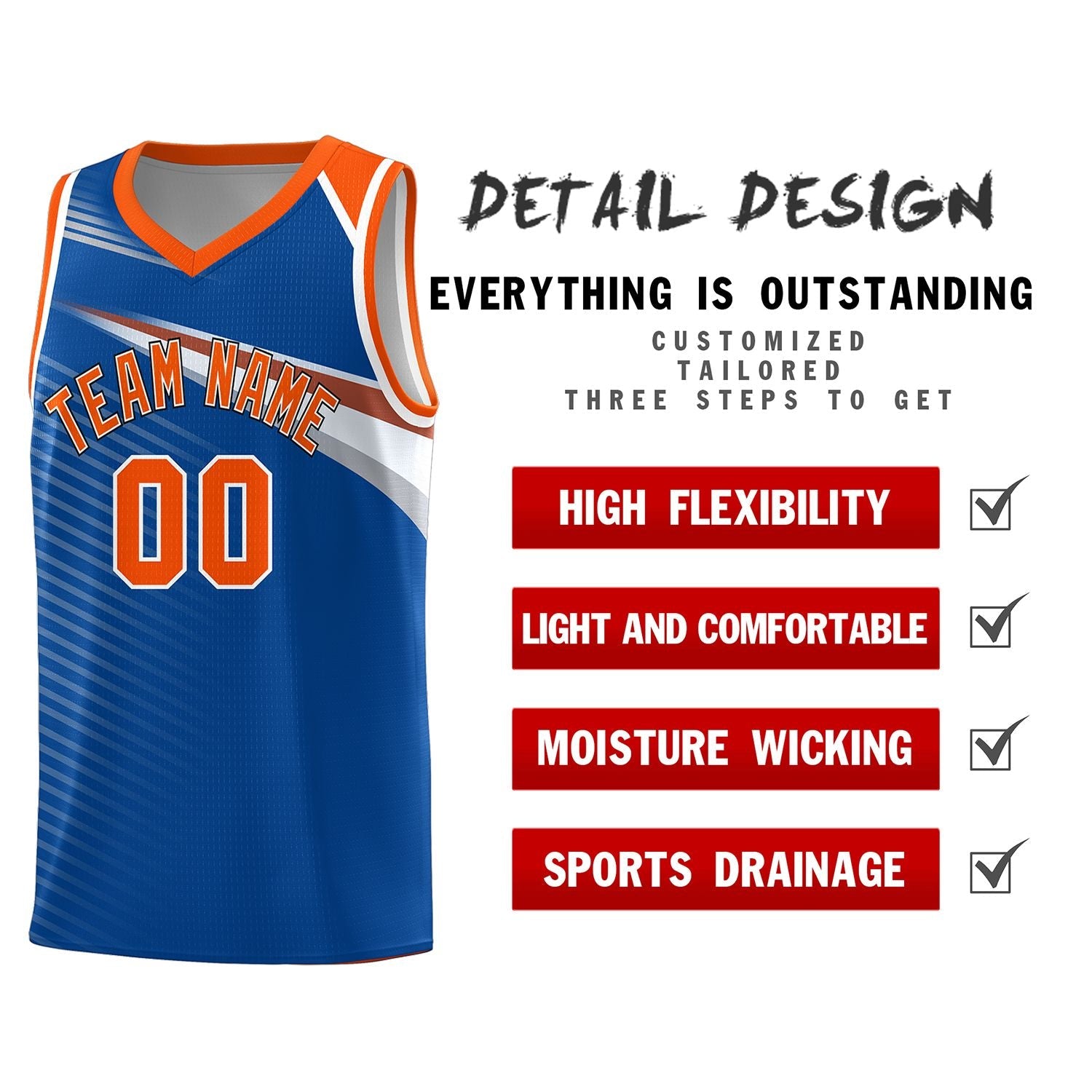 Custom Royal Orange-White Chest Color Block Sports Uniform Basketball Jersey