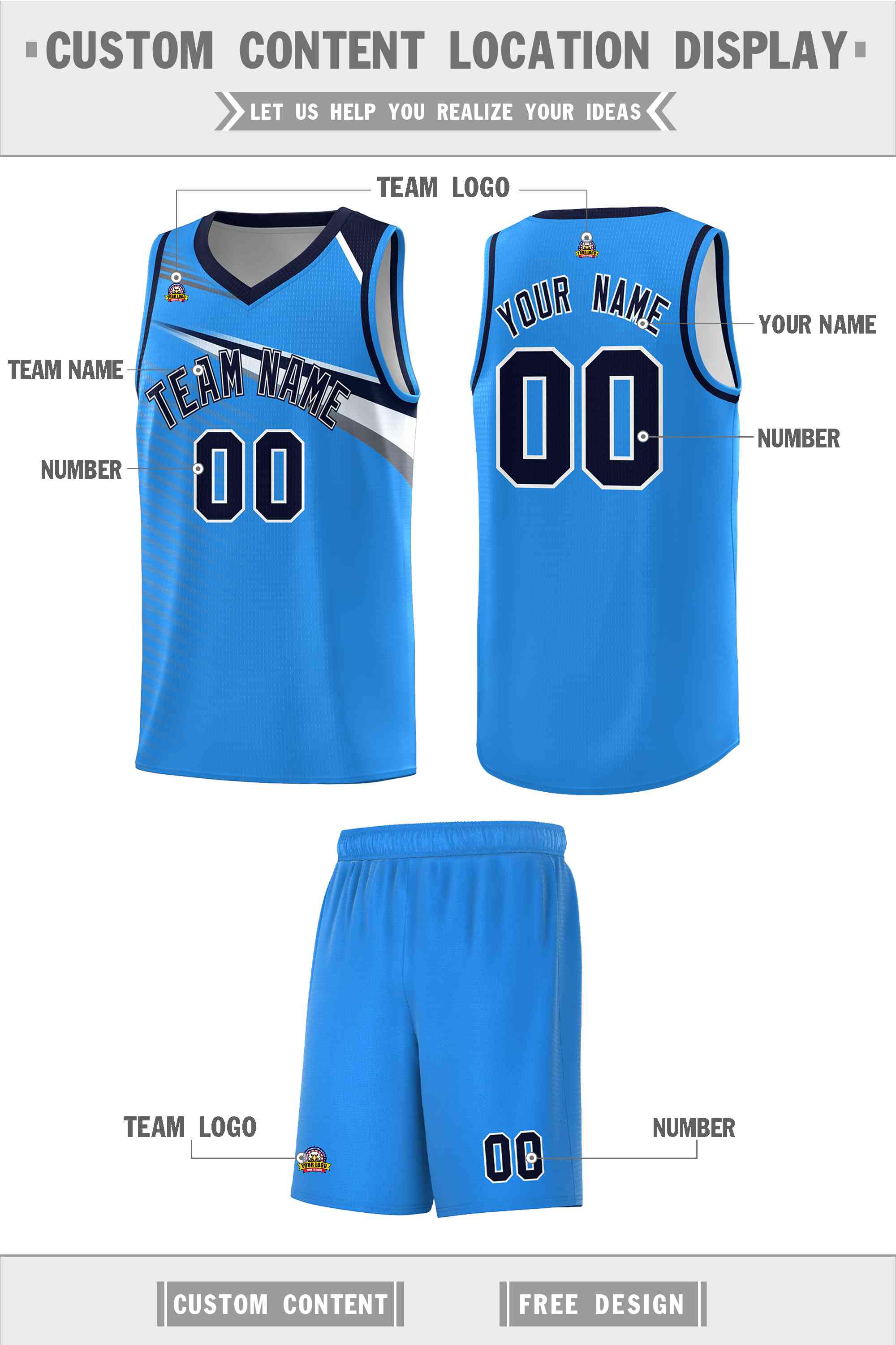 Custom Powder Blue Navy-White Chest Color Block Sports Uniform Basketball Jersey