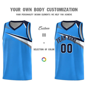 Custom Powder Blue Navy-White Chest Color Block Sports Uniform Basketball Jersey