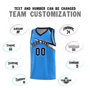 Custom Powder Blue Navy-White Chest Color Block Sports Uniform Basketball Jersey