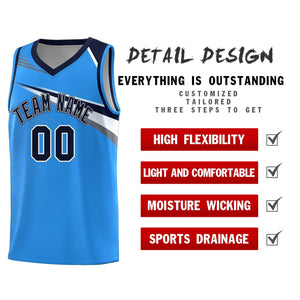 Custom Powder Blue Navy-White Chest Color Block Sports Uniform Basketball Jersey