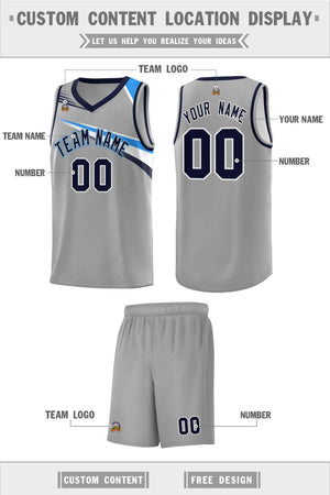 Custom Gray Navy-White Chest Color Block Sports Uniform Basketball Jersey