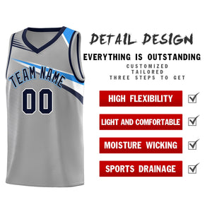 Custom Gray Navy-White Chest Color Block Sports Uniform Basketball Jersey