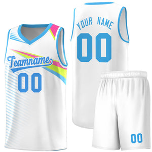 Custom White Powder Blue Chest Color Block Sports Uniform Basketball Jersey