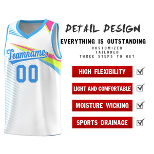 Custom White Powder Blue Chest Color Block Sports Uniform Basketball Jersey