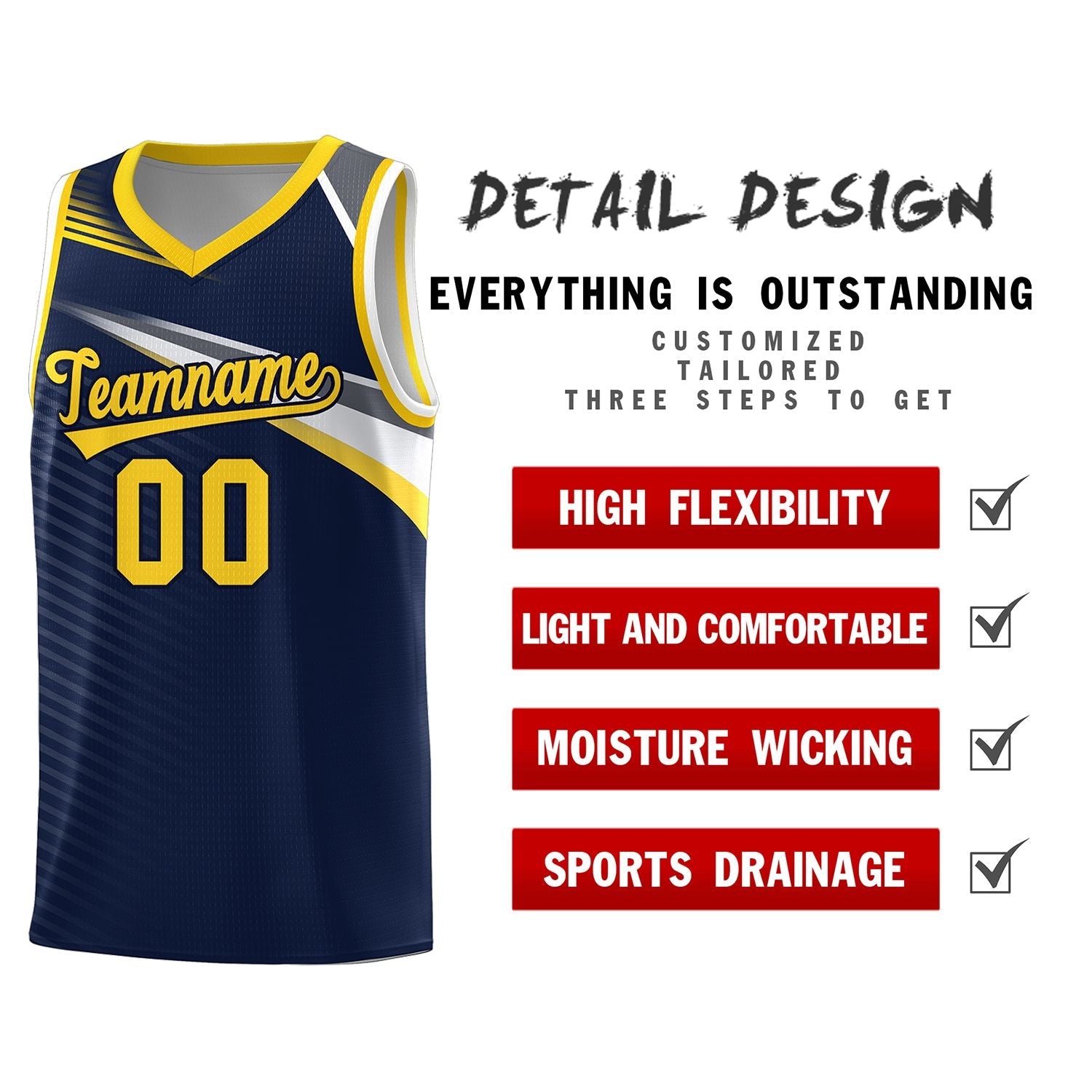 Custom Navy Gold-Navy Chest Color Block Sports Uniform Basketball Jersey