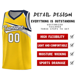 Custom Yellow White-Navy Chest Color Block Sports Uniform Basketball Jersey