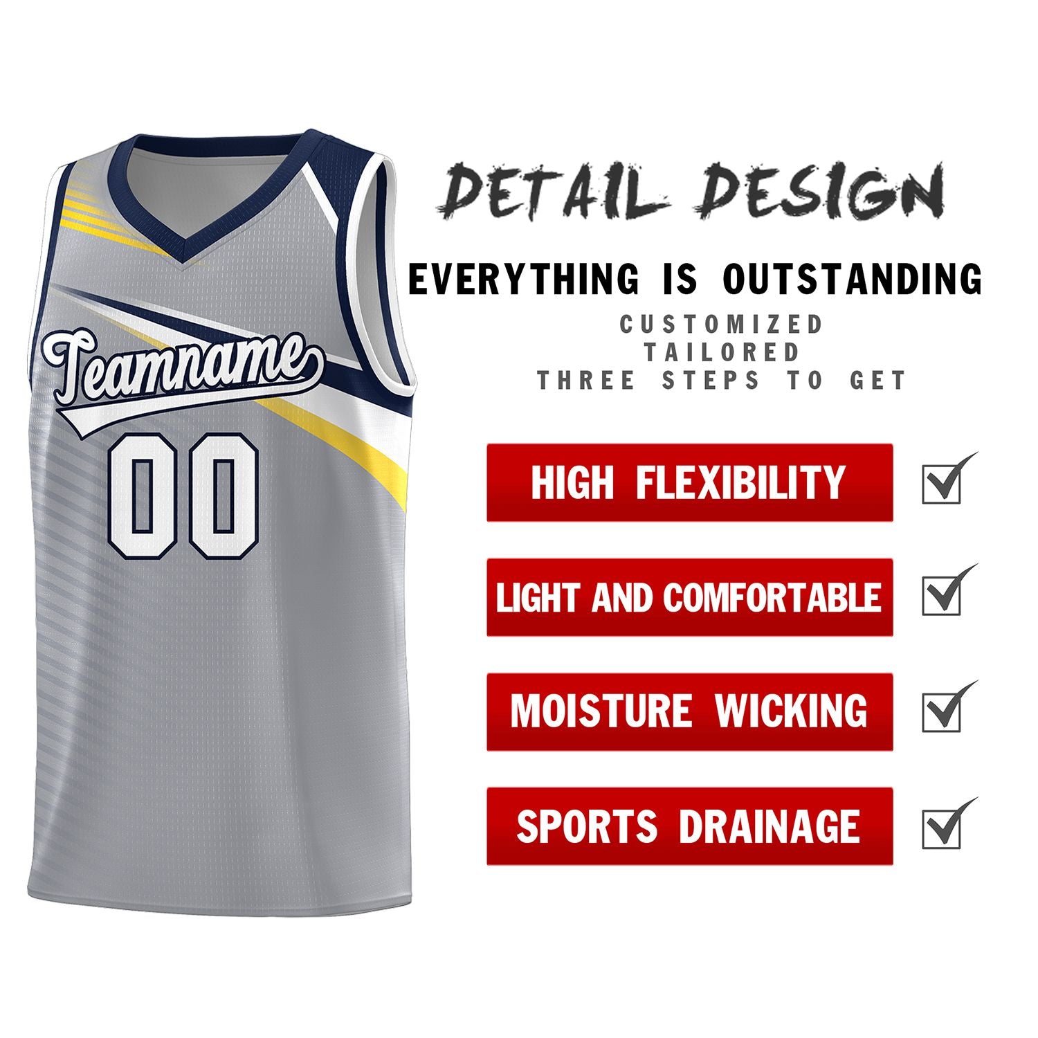 Custom Gray White-Navy Chest Color Block Sports Uniform Basketball Jersey