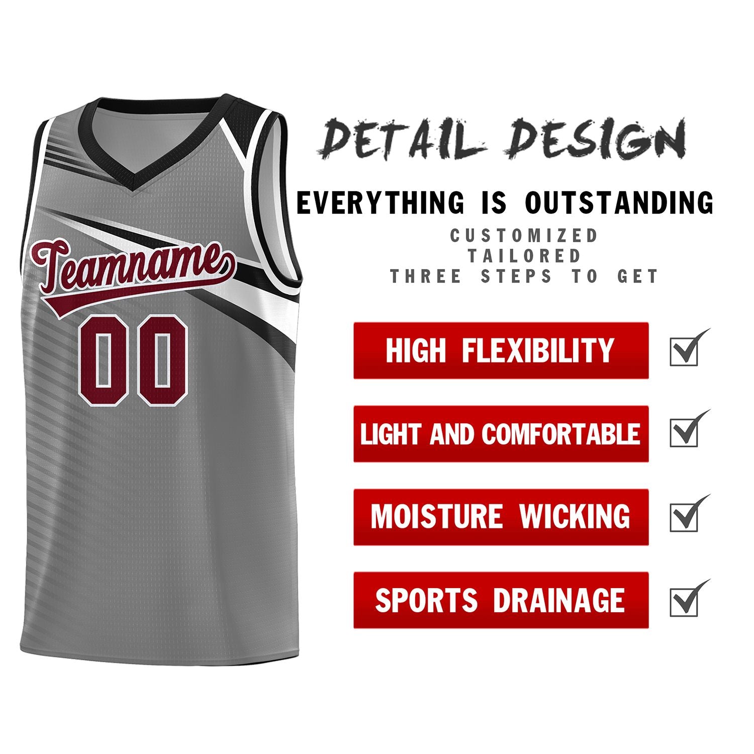 Custom Dark Gray Crimson-White Chest Color Block Sports Uniform Basketball Jersey