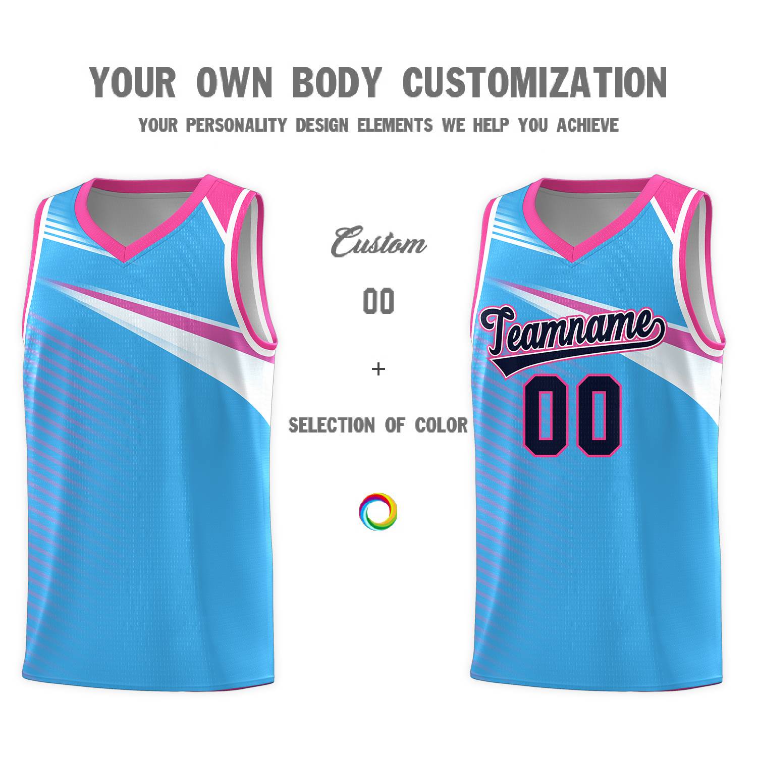 Custom Powder Blue Navy-White Chest Color Block Sports Uniform Basketball Jersey