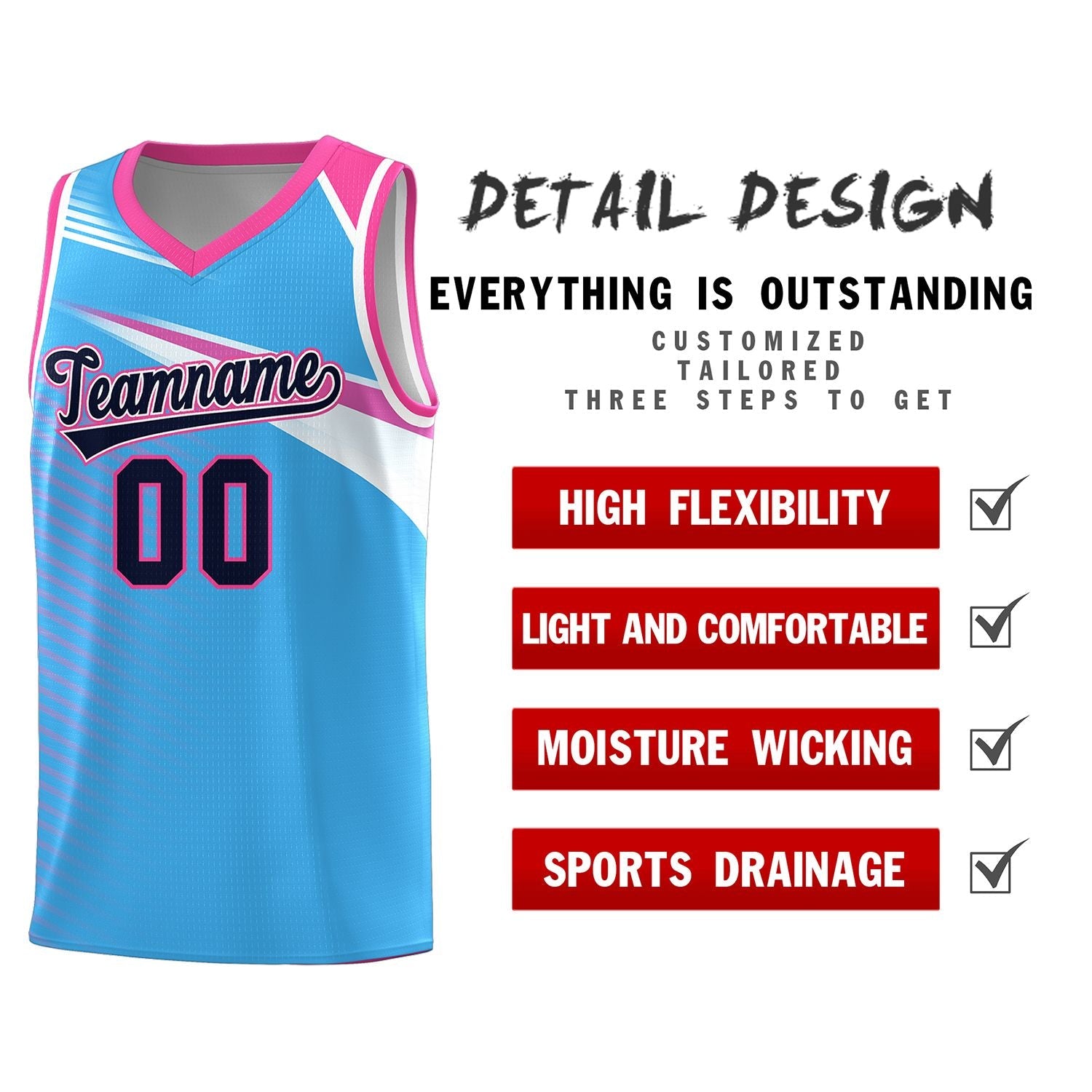 Custom Powder Blue Navy-White Chest Color Block Sports Uniform Basketball Jersey