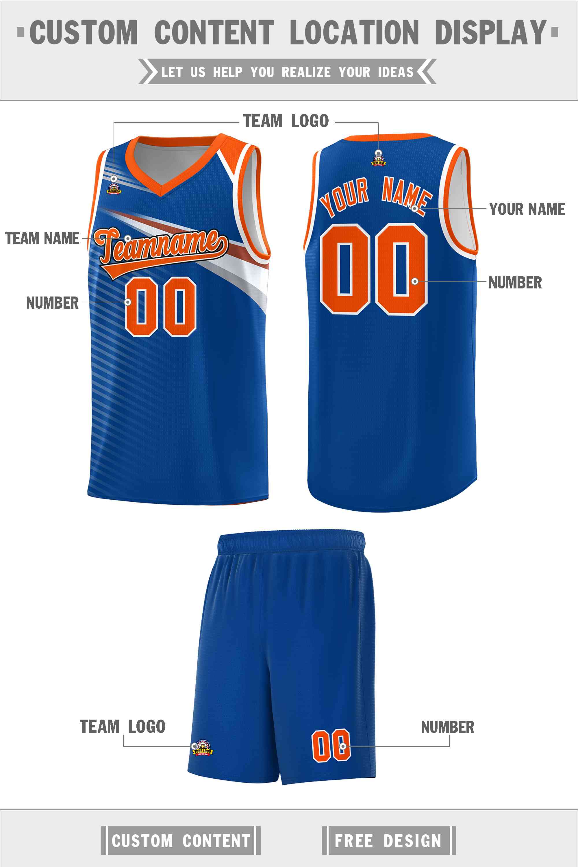 Custom Royal Orange-White Chest Color Block Sports Uniform Basketball Jersey