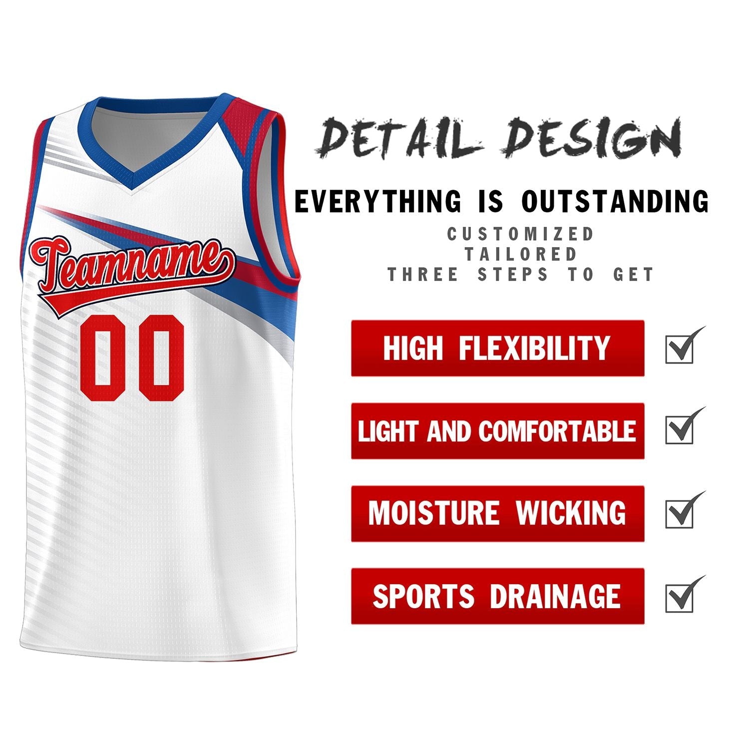 Custom White Red Chest Color Block Sports Uniform Basketball Jersey