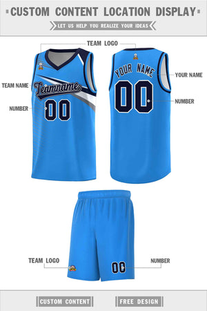 Custom Powder Blue Navy-White Chest Color Block Sports Uniform Basketball Jersey