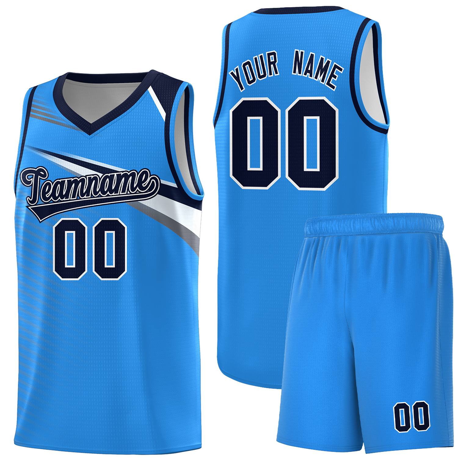 Custom Powder Blue Navy-White Chest Color Block Sports Uniform Basketball Jersey