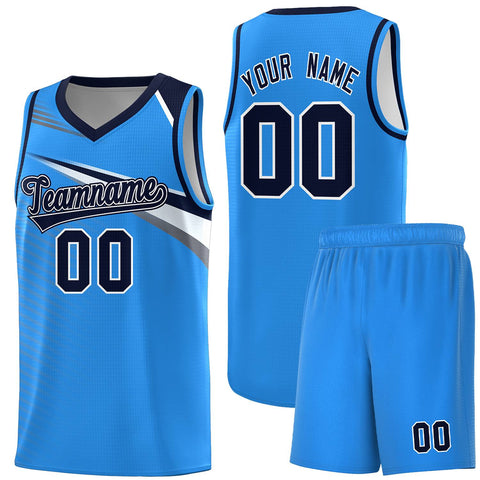 Custom Powder Blue Navy-White Chest Color Block Sports Uniform Basketball Jersey