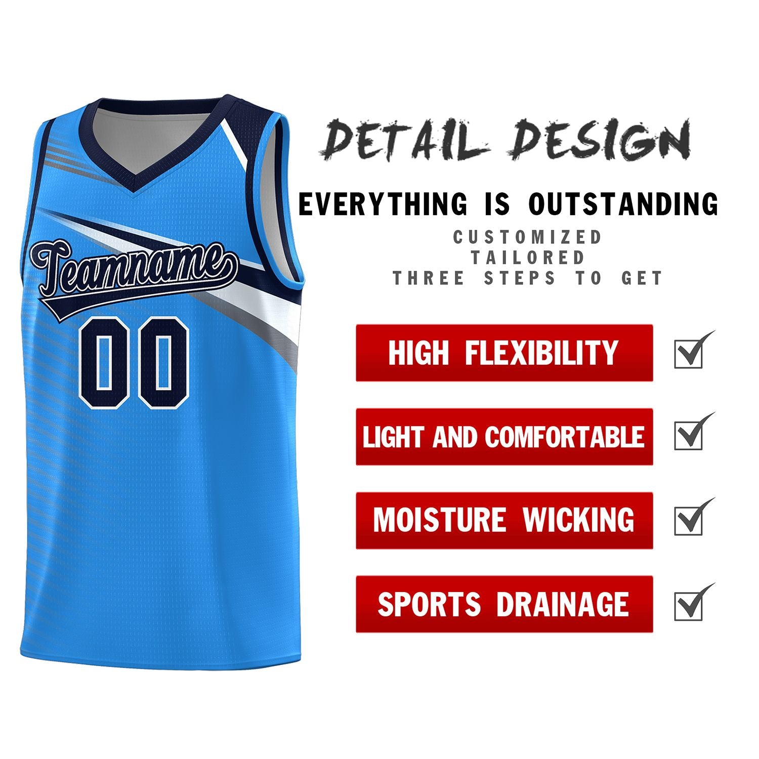 Custom Powder Blue Navy-White Chest Color Block Sports Uniform Basketball Jersey