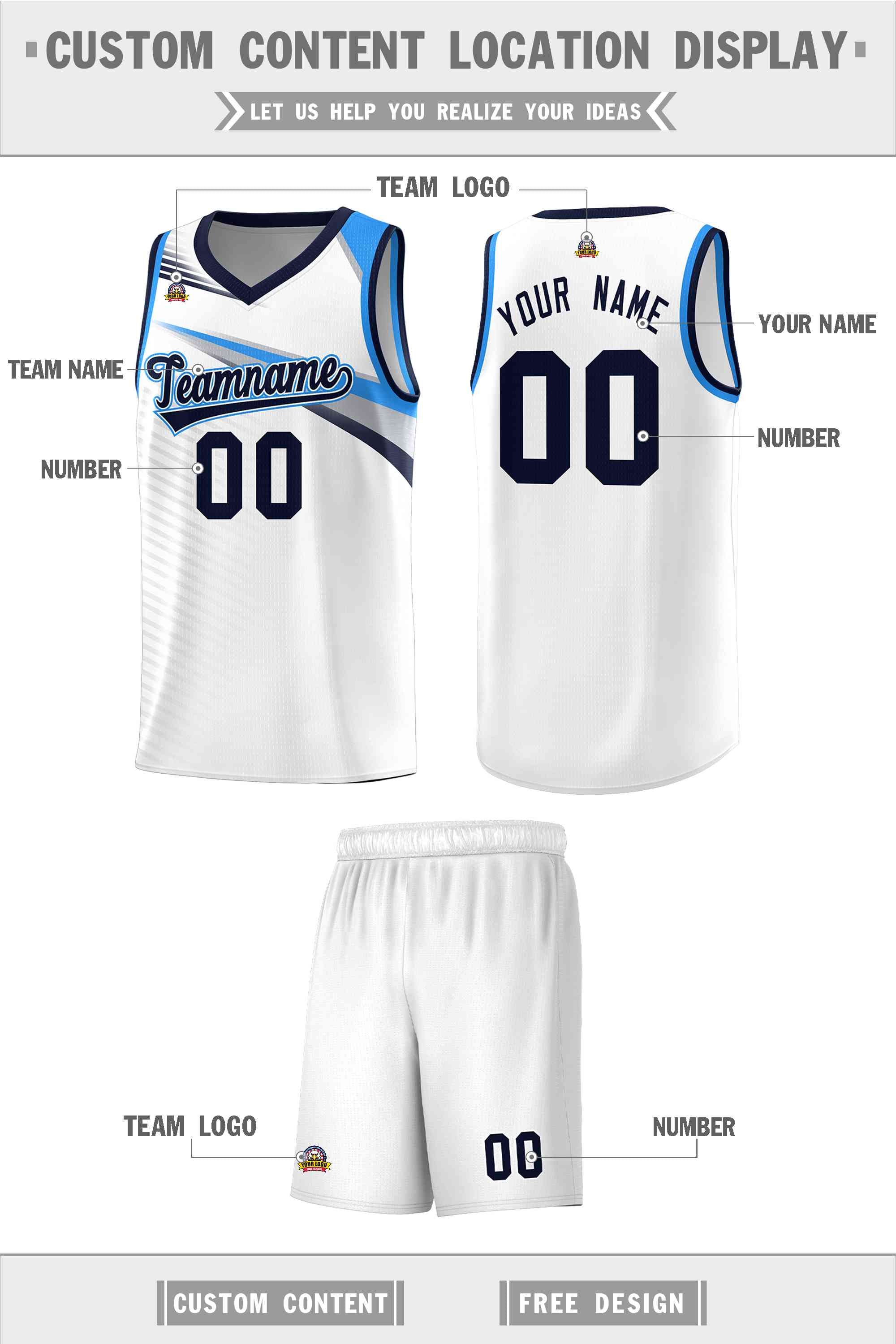 Custom White Navy Chest Color Block Sports Uniform Basketball Jersey