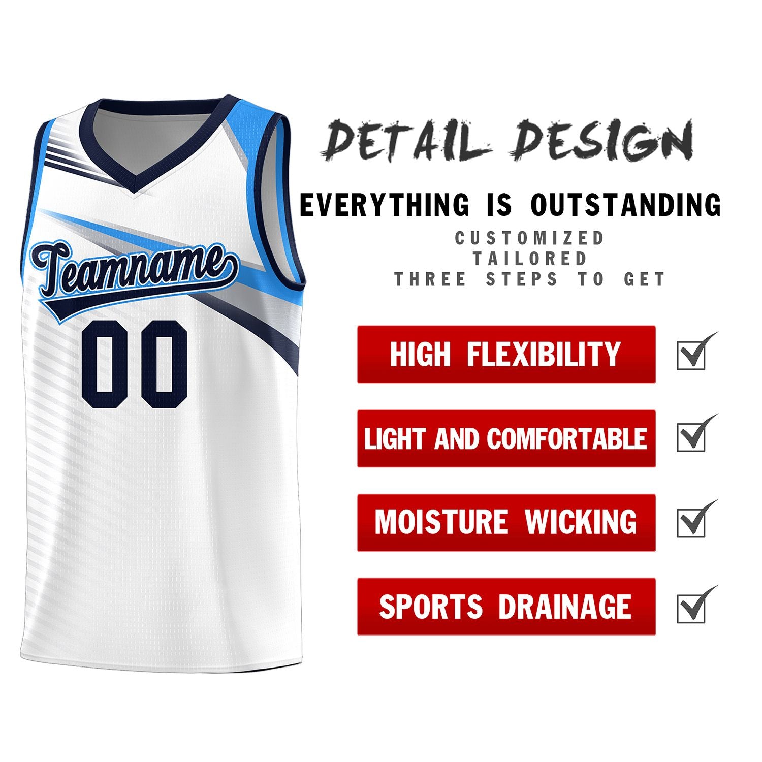 Custom White Navy Chest Color Block Sports Uniform Basketball Jersey