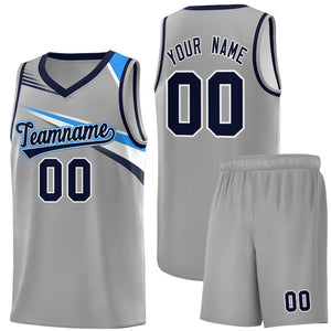 Custom Gray Navy-White Chest Color Block Sports Uniform Basketball Jersey