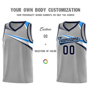 Custom Gray Navy-White Chest Color Block Sports Uniform Basketball Jersey